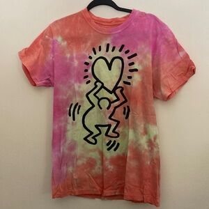 Keith Haring Tie Dye Heart Graphic Art T-Shirt Colorful Pink Neon Large Unisex